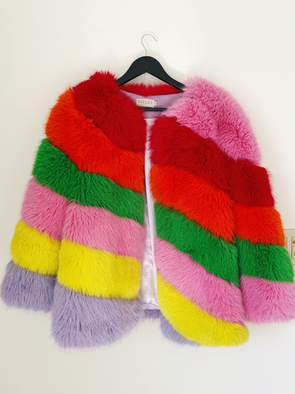 Rainbow Striped Faux Fur Coat - Multicolor